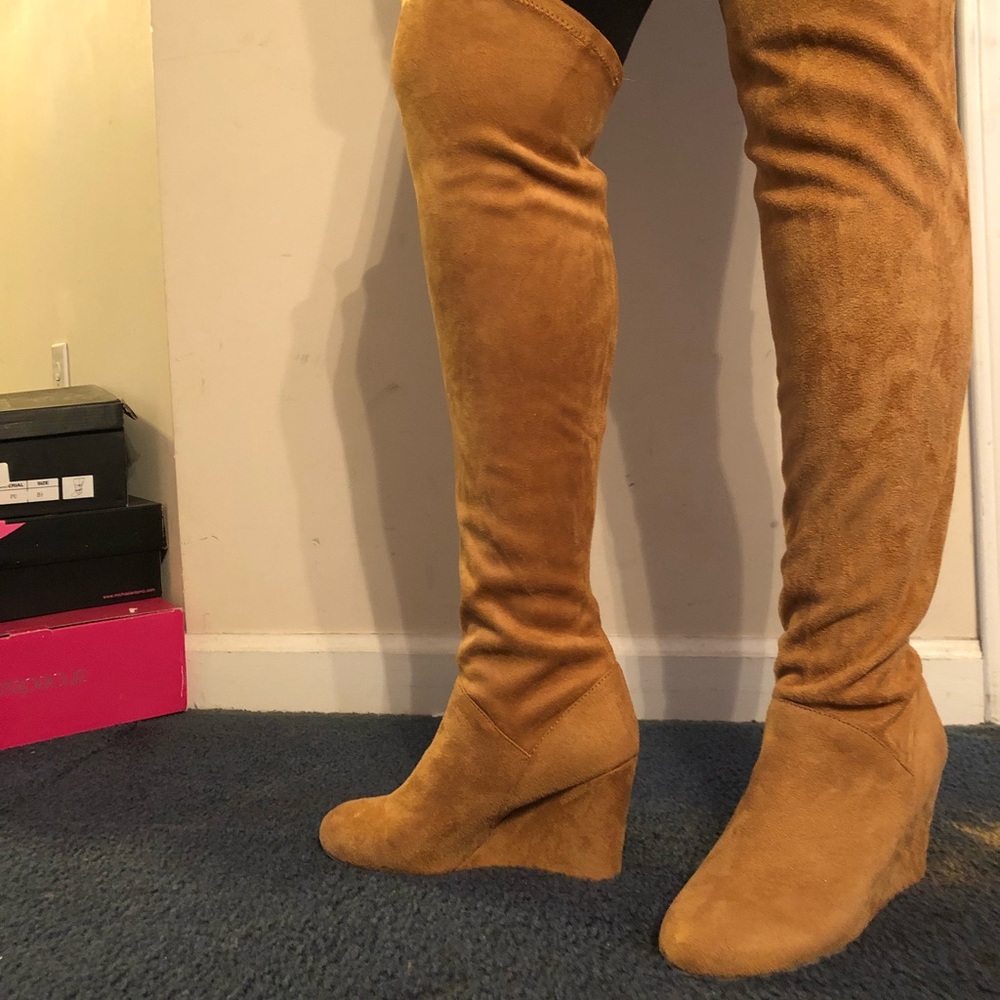 Yellow thigh high boots